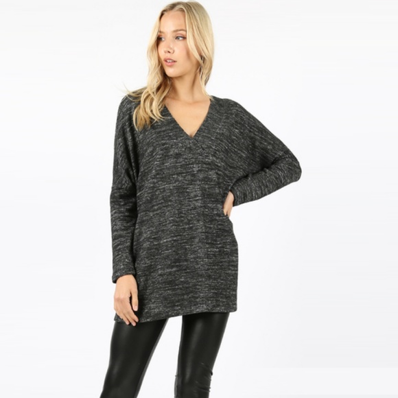 V-Neck Drop Shoulder Marbled Sweater - Picture 4 of 6